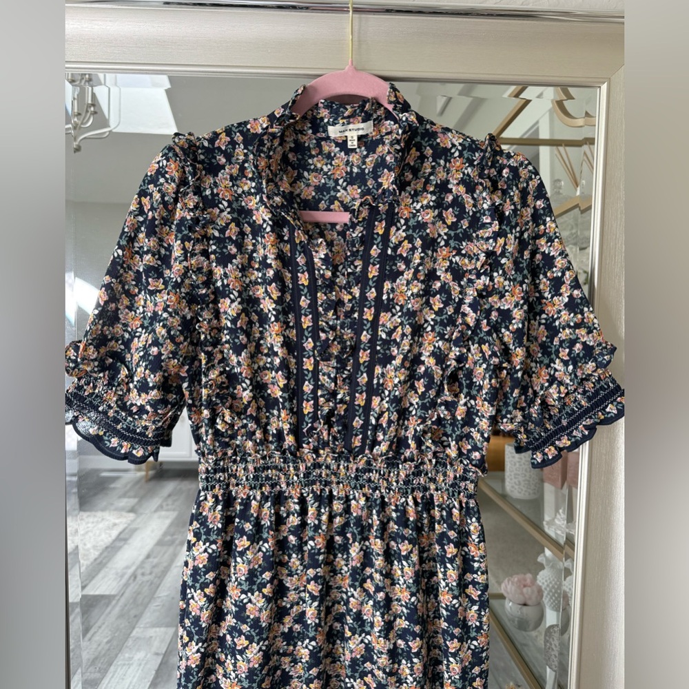 Max Studio Navy Floral Ruffle Maxi Dress | Size Small | Boho Cottagecore - Picture 2 of 8